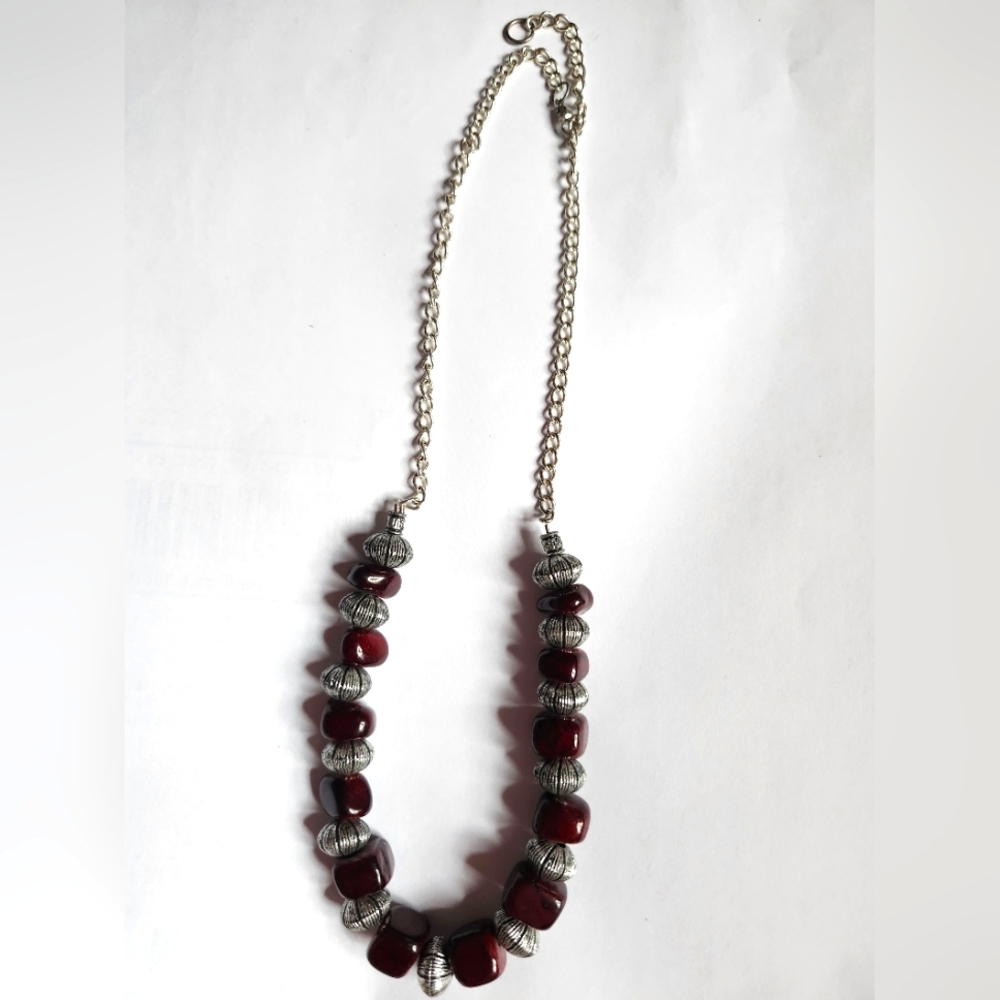 Elegant Silver and Red Beaded Necklace NWOT